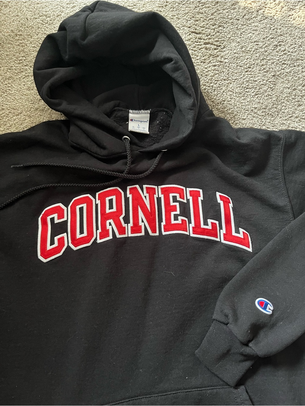 Champion Black Hoodie with Red Cornell Appliqué - Size L